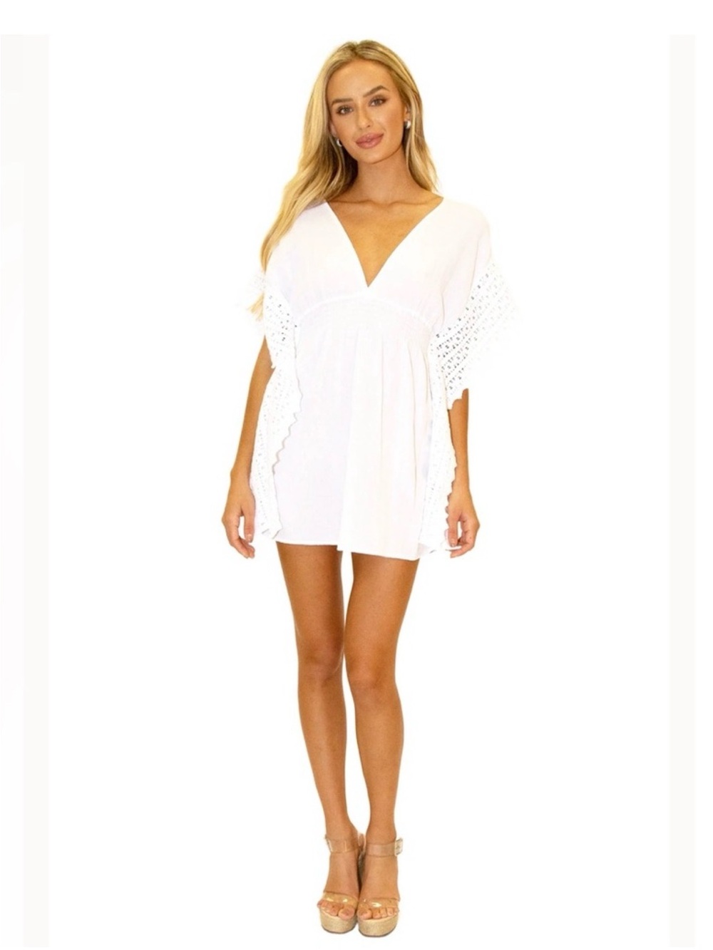 White V-Neck Crochet-Trim Swim Coverup Tunic